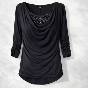 AB Studio Beaded Top Medium Black Drape Neck Ruched 3/4 Sleeve Blouse
